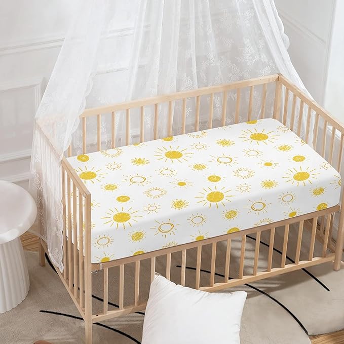 Yellow and White Sun Fitted Crib Sheet for Boys Girls Sunny Boho Bohemian Celestial Sky Baby Sheet for Standard Crib and Toddler Sunshine Nursery Bed Mattress Sheets 28"x52"