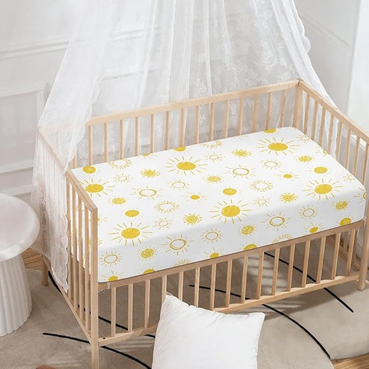Yellow and White Sun Fitted Crib Sheet for Boys Girls Sunny Boho Bohemian Celestial Sky Baby Sheet for Standard Crib and Toddler Sunshine Nursery Bed Mattress Sheets 28"x52"