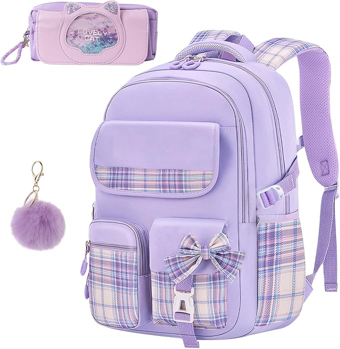Aulenge Kids Backpack for Girls Cute Teen School Backpack Ages 8-12 with Pencil Case Set Kawaii Stitch Purple School Bookbags with Multiple Pockets for Primary & Middle School Students