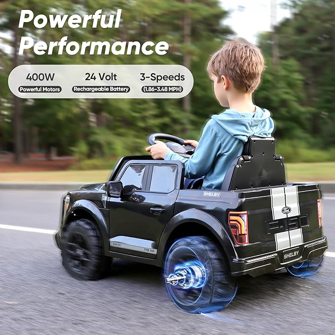 Licensed Ford Shelby F-150 24V Kids Ride on Toy, Electric Car for Kids with Remote Control, 400W Motors - Black