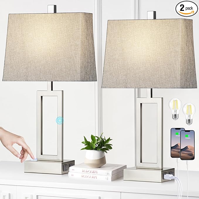 Lolikit 23.5" Touch Control Table Lamps, Metal Bedside Lamp for Bedroom Set of 2 with USB A+C Ports & AC Outlet, 3-Way Dimmable Nightstand Lamp for Living Room (LED Bulb Included)