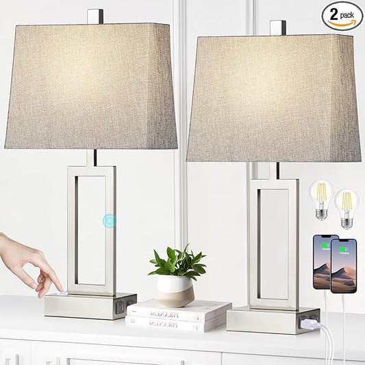 Lolikit 23.5" Touch Control Table Lamps, Metal Bedside Lamp for Bedroom Set of 2 with USB A+C Ports & AC Outlet, 3-Way Dimmable Nightstand Lamp for Living Room (LED Bulb Included)
