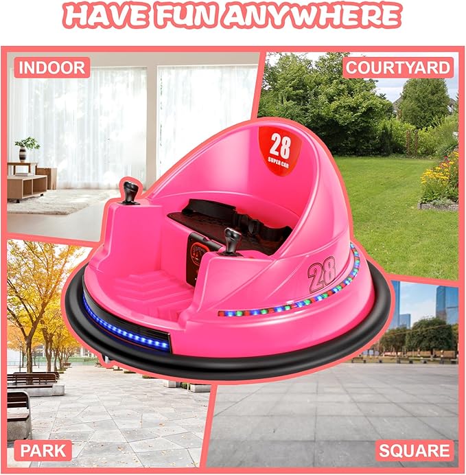 Edostory Electric Ride On Bumper Car Kids 12V 3-Speeds for Toddlers, 1.5-8 Years Old Baby Bumping Toy Cars, DIY Sticker Baby Toy Gifts, Remote Control, Bluetooth, 360 Spin ASTM-Certified Pink