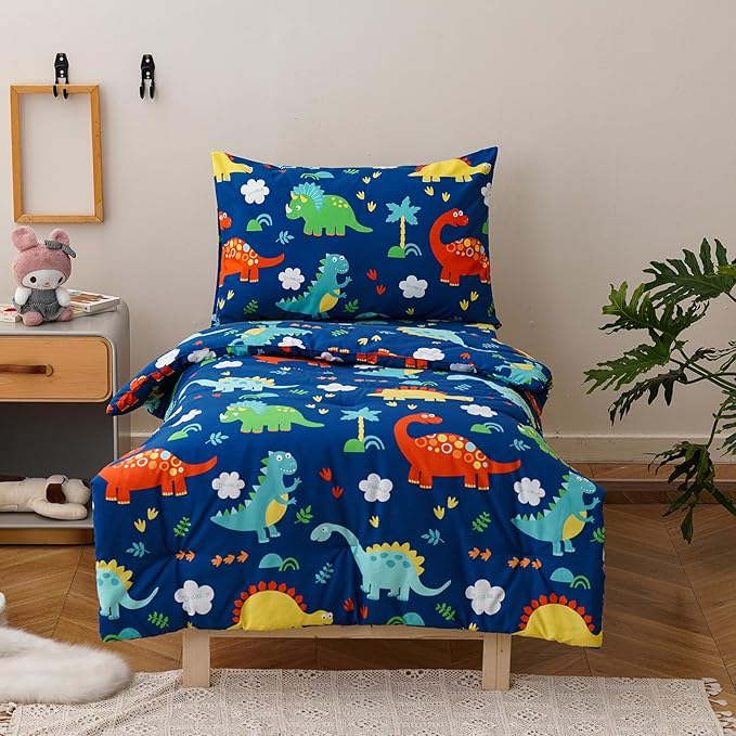 KAREVER Cartoon Toddler Bedding Set Dinosaur Print 4 Pieces Crib Bed Set Kids Animal Print Comforter Set