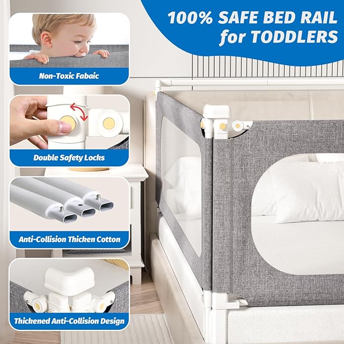 3-Piece Queen Size Bed Rails for Toddlers, with Headboard Rod -Height Adjustable Baby' Safety Bed Rails Guard for Queen Size Bed(3Pack 78.7"x78.7"x59"-Gray)