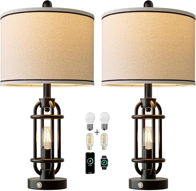 G-SAFAVA 24'' Table Lamps for Living Room Bedroom Set of 2 Industrial Touch Lamp with USB A+C Ports, Night Light Farmhouse Vintage Nightstand Bedside Lamps for Night Stands Metal Black, Bulbs Included