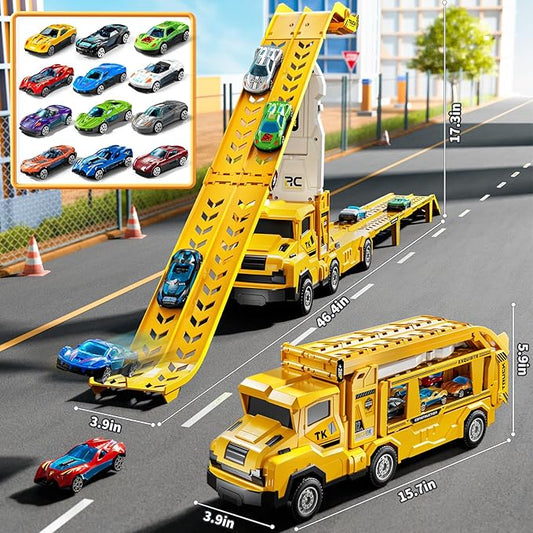 Toddler Car Truck Toys for 3 4 5 6 7 8 Years Old Boys, Transporter Truck Toy Track Set with 12 Die-Cast Car Toys, Toy Gifts for 3 4 5 6 Year Old Boys Kids