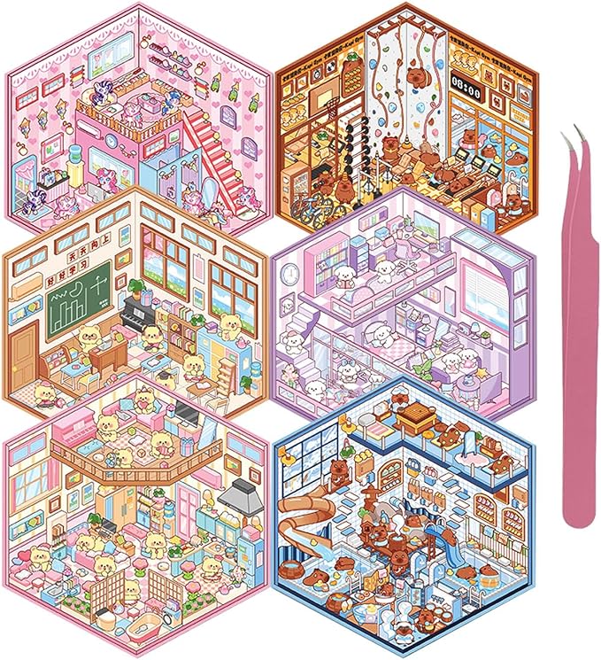 DIY 3D Sticker Scene, 6 Sets of Aesthetic Stickers for Girls Make Your Own Mini Shop Scenes Stickers for Kids Sticker Therapy for Adult Relief Stress, Holiday & Christmas Fun