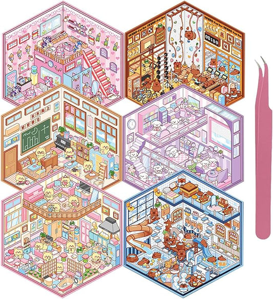 DIY 3D Sticker Scene, 6 Sets of Aesthetic Stickers for Girls Make Your Own Mini Shop Scenes Stickers for Kids Sticker Therapy for Adult Relief Stress, Holiday & Christmas Fun