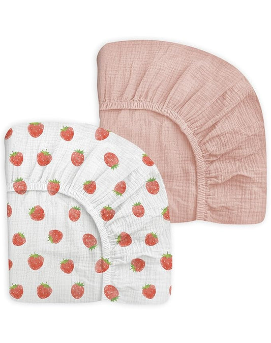 Crib Sheets for Baby Boy Girl 2 Pack, Fitted Crib Mattress Sheet 28" x 52", Muslin Toddler Bedding with Neutral Style, Nursery Bedding Essentials (Strawberry & Pale Pink)