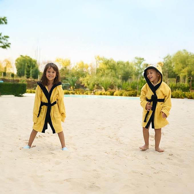 BAGNO MILANO Kids Organic Turkish Cotton Hooded Beach Cover-Up Towel, GOTS Certified, for Boys and Girls (Tiger Yellow, 7-8 Years)
