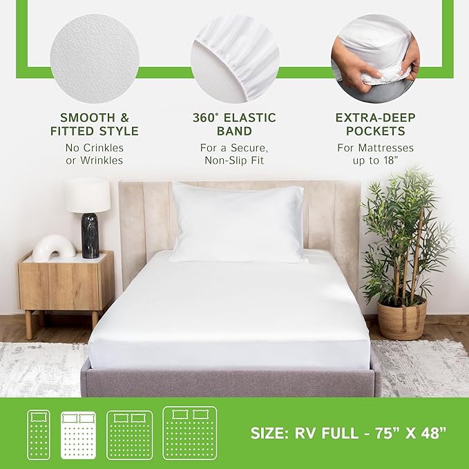 Four Seasons Essentials RV Short Full Size Waterproof Mattress Protector - Cooling Viscose derived from Bamboo Fitted Sheet Mattress Cover - Quilted Jacquard Pad Protects from Dust Allergens