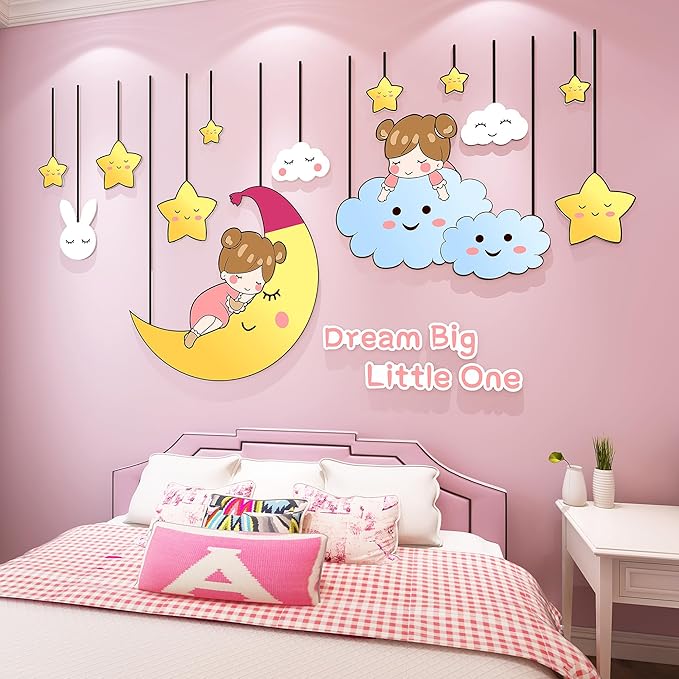 3D Stars Moon Wall Stickers for Girls Room Decor Wall Decals Peel and Stick for Girls Bedroom Large Pink Decor for Nursery Toddler Inspirational Princess Art Pictures Kids Murals Wallpaper