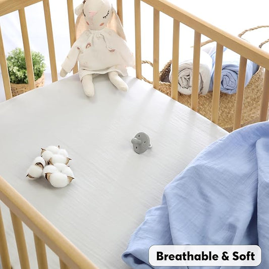 Muslin Baby Crib Sheets Fitted -Crib Sheets Neutral Turkish Cotton, Ultra Soft & Breathable -Organic Cotton Crib Sheets for Boys & Girls, GOTS & Oeko-TEX® Certified (52x28, Dreamy Blue &Cloudy Gray)