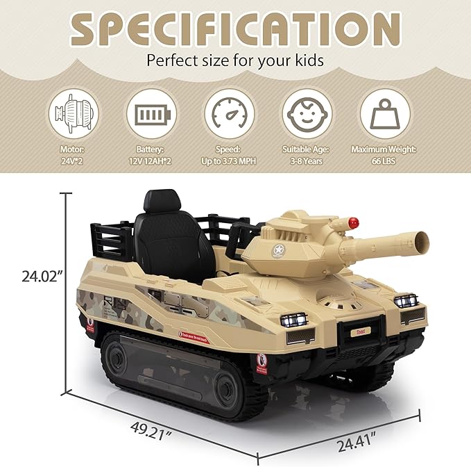 TOBBI 24V Electric Kids Ride on Tank Car with Remote Control for Toddlers, 360°Spin Off-Road Fighting Military Vehicle with Missiles, Battery Powered Toy for Boy&Girl to Drive Age 4-8