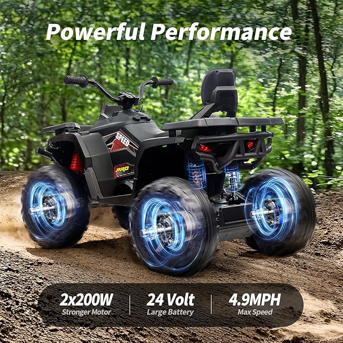 Kids ATV 4 Wheeler, 24V Ride On Toys Car for Big Kids with 400W Motor, 2 Seater - Black