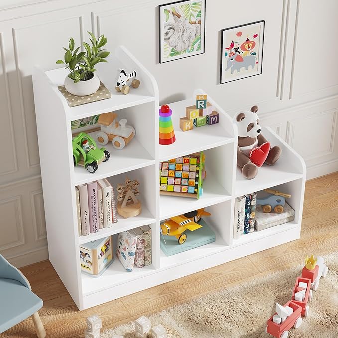 Derfullo Book Shelf, 6-Cube Toy Organizers and Storage, Small Open Floor Montessori Bookcase for Kids Room, Bedroom and Playroom, 35.4" W x 11.8" D x 31.5" H, White