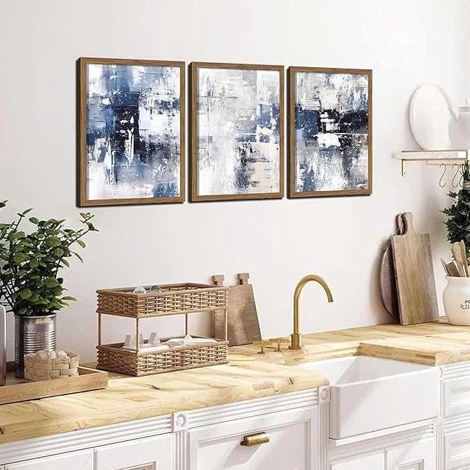 Blue Abstract Wall Art Set of 3, White and Blue Abstract Canvas Wall Decor Paintings, Modern Neutral Minimalist Posters Prints Pictures for Living Room Bedroom Office Home Decor 12x16 Inch Wood Framed