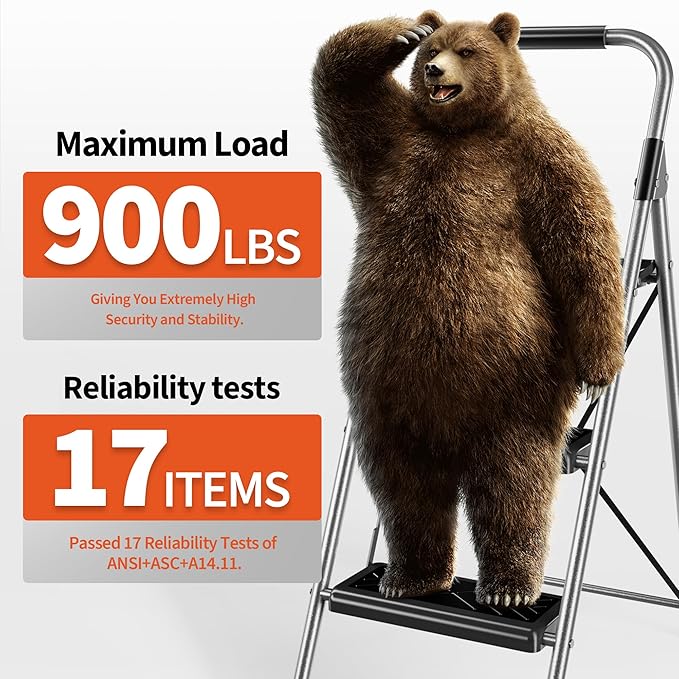 4 Step Ladder,DIAMONDFORGE Folding Step Stool with Anti-Slip Wide Pedal, Soft Handle, Anti-Slip Feet, Sturdiest Steel Construction, 900lbs Capacity Steel Ladder for Home and Office, Grey