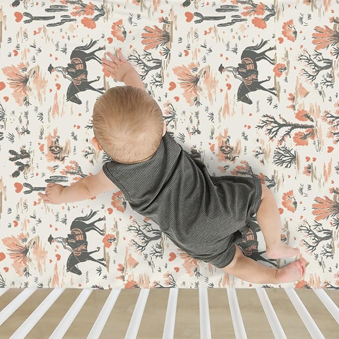 Vintage Western Cowgirl Love Baby Crib Sheets for Boy Girl 28"x52" Retro Pink Cowgirl Horse Cactus Soft Stretchy Fitted Crib Mattress Cover Wild West Baby Sheet for Standard Crib and Toddler Mattress
