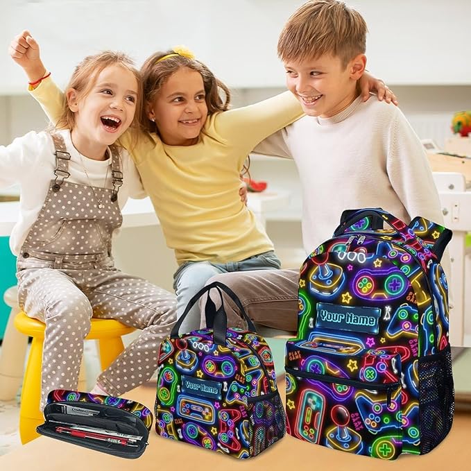 COZYAURA Kids Personalized Backpack - Large Bags with Lunch Bag Set - Cool Gamer Bookbag for Middle School & Travel - Kid School Supplies