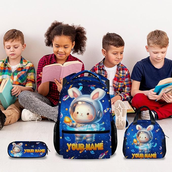 Kids School Backpack - Personalized Bunny Backpacks Set with Name - Custom Planet Bookbag for Boys Girls - Toddler School Bag for Kindergarten/Preschool/Elementary(17 Inch)