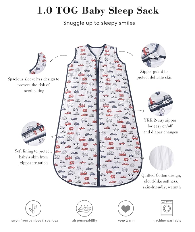 Baby Sleep Sack 2-4 T 95% Rayon from Bamboo 5% Spandex Boys & Girls Wearable Blanket 1.0 TOG Toddler Sleeping Sack 2- Way Zipper X-Large Car Truck