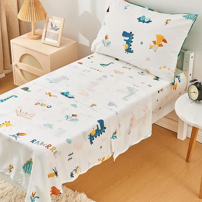 beeweed 4 Pieces Dinosaur Toddler Bedding Set Boys Girls, 2 Sides Design Bed in a Bag Comforter Set, Includes 1 Comforter, 1 Fitted Sheet, 1 Flat Sheet and 1 Reversible Pillowcase
