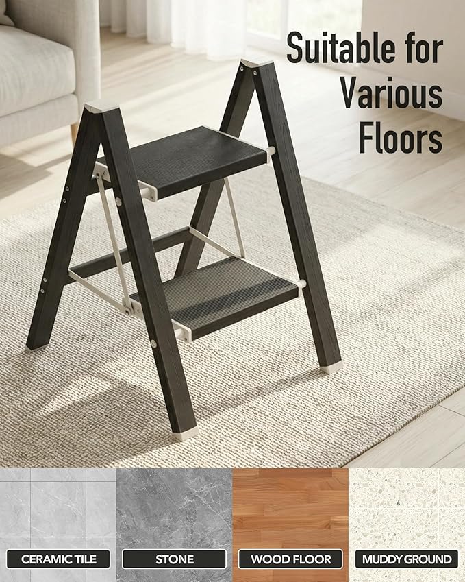 Mayi Plus 2 Step Ladder,Aluminum Folding Step Stool for Adults,Step Ladder with Wide Anti-Slip Pedal,330 lbs Capacity for Home,Kitchen,Library,Office(Ebony Woodgrain)