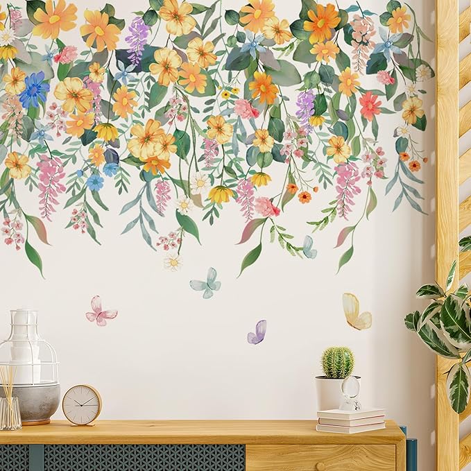 Buiory Removable Flower Plants Wall Decals Hanging Vine Floral Wall Stickers Peel and Stick Flower Butterfly Stickers for Baby Nursery Girls Bedroom Living Room Wall Decor