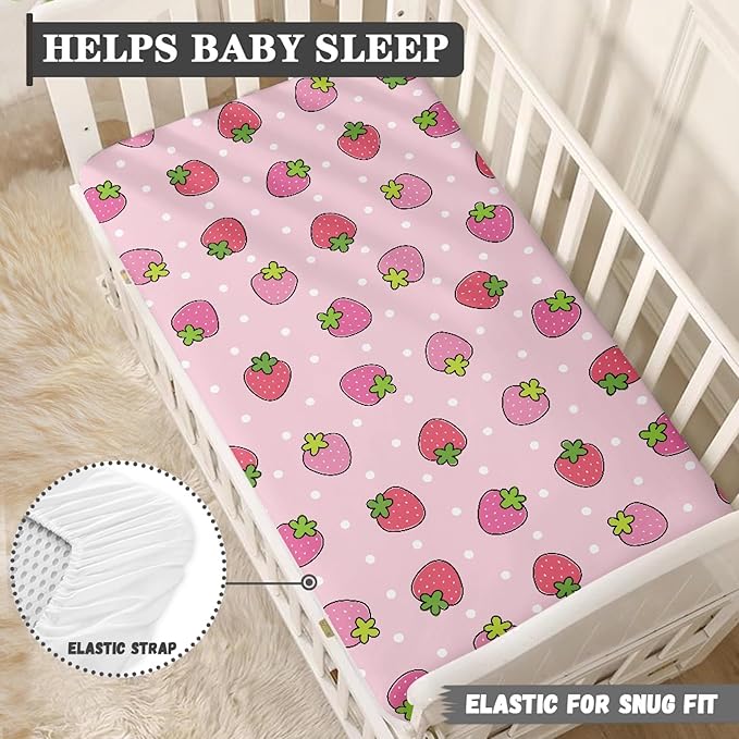Pink Strawberry Fitted Crib Sheet for Girls Cute Strawberries Baby Sheet for Standard Crib and Toddler Polka Dots Fruit Nursery Bed Mattress Sheets 28"x52"