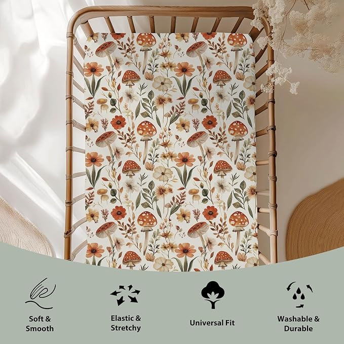 Boho Mushroom Floral Leaves Baby Crib Sheets for Boy Girl 28"x52" Vintage Mushrooms Soft Stretchy Fitted Crib Mattress Cover Retro Mushroom Nursery Baby Sheet for Standard Crib and Toddler Mattress
