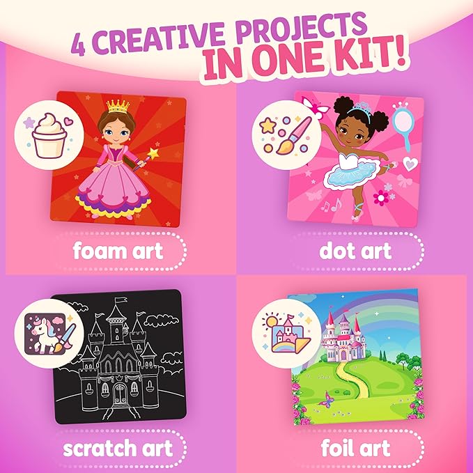 Unicorn Princess Craft Kit for Girls | 24 Kids Arts and Crafts Project Activities Set | Dot Foam Scratch Foil Art Stocking Stuffers | Birthday Holiday Christmas Gift Toys for Girls Ages 4-8 Years Old