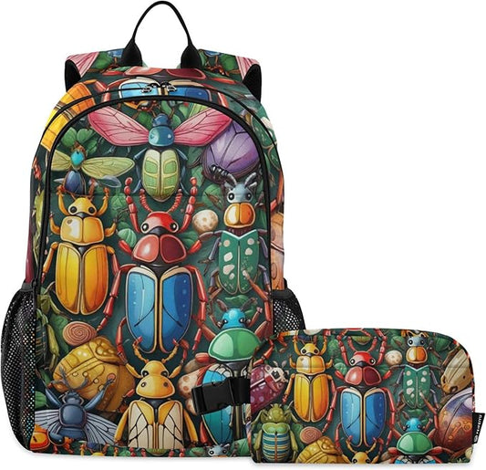 Jucciaco Insect Bugs Beetles Colorful Backpack with Lunch Bag for Boys Girls, Travel School Backpack Set
