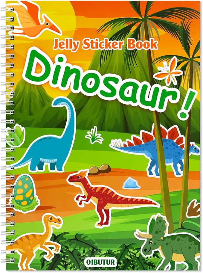 Reusable Sticker Book for Kids 1-3, Jelly Sticker Books for Toddlers 2-4 Years, Dinosaur Stickers for Kids, Toddler Stocking Stuffers＆Travel Essentials Plane Activities (Dinosaur)
