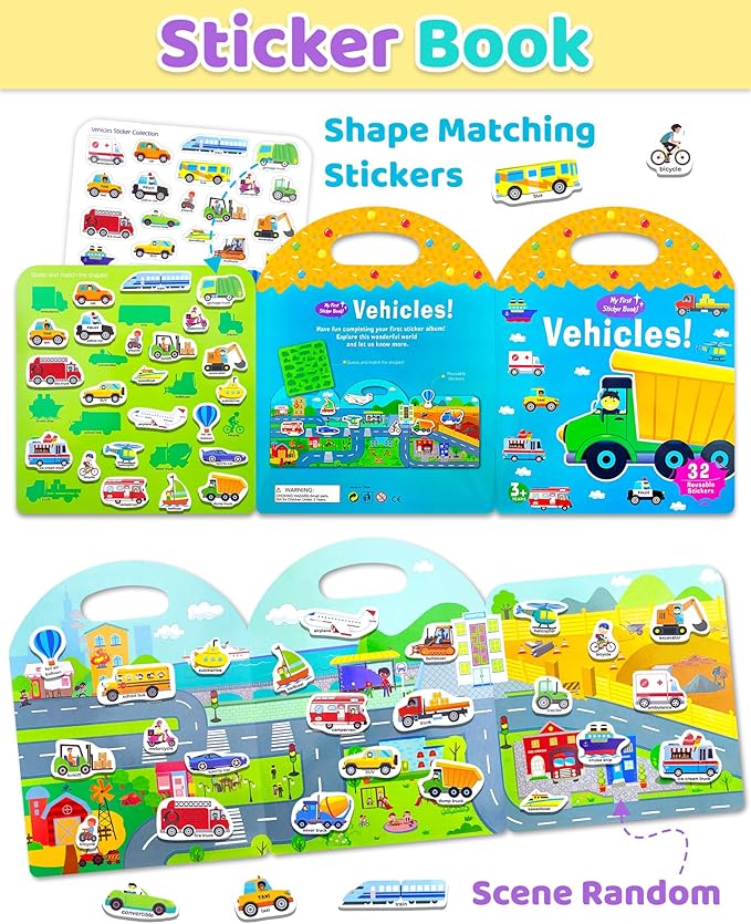 Benresive Reusable Sticker Books for Toddlers, Fun Travel Stickers for Kids, Toddler Sticker Book, Crafts Activities for Toddlers, 3 and Up Birthady Gifts - Transport