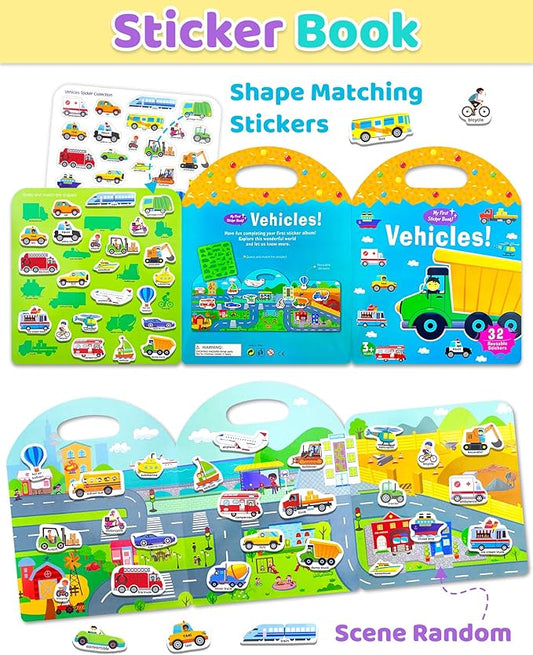 Benresive Reusable Sticker Books for Toddlers, Fun Travel Stickers for Kids, Toddler Sticker Book, Crafts Activities for Toddlers, 3 and Up Birthady Gifts - Transport