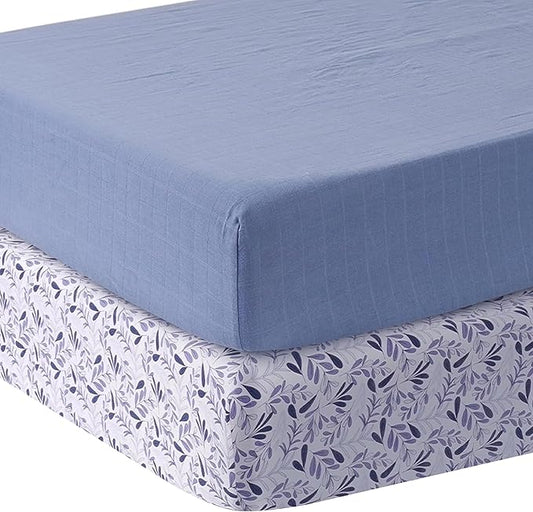 MOZAH Organic Muslin Crib Sheets, Soft and Breathable Bedding for Baby Girls or Boys, Snug Fitted Sheet for Standard Cribs & Toddler Mattresses, 2 Pack, Blue and Blue Leaves