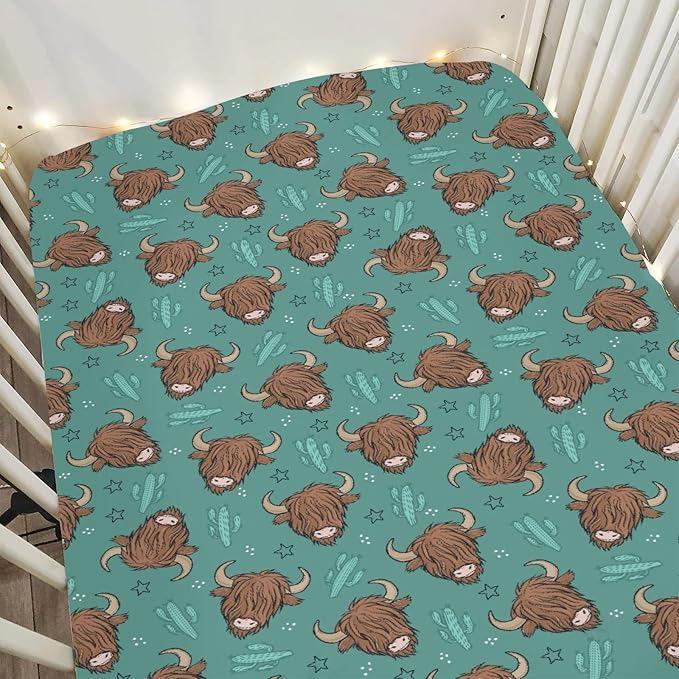 Western Highland Cows Baby Crib Sheets for Boy Girl 28"x52" Boho Cows Green Cactus Stars Soft Snug Fitted Crib Mattress Cover Highland Yak Cattle Baby Sheet for Standard Crib & Toddler Bed Mattress