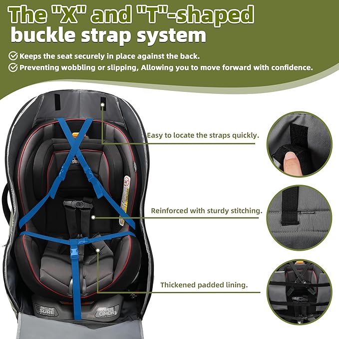 DerBiedersinn Car Seat Travel Bag for Airplane – Waterproof Heavy Duty Carseat Backpack for Gate Check or Airport Travel – Fits Infant, Convertible & Booster Seats, Army Green