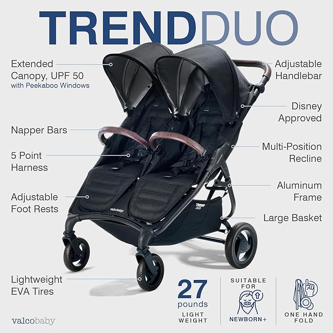 Valco Baby - Trend Duo Double - Side by Side Double Stroller for Newborn and Toddler - Easy Compact Fold, Multi-Position Recline, Large Canopy Infant Twin Stroller 2025 (Night Black)