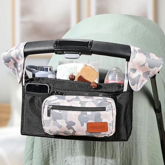 WUUTER Stroller Organizer with Cup Holder Detachable Wristlet Large Capacity Baby Stroller Bag for Mom, Fits Uppababy, Baby Jogger, Britax, BOB, More (Multicolor)