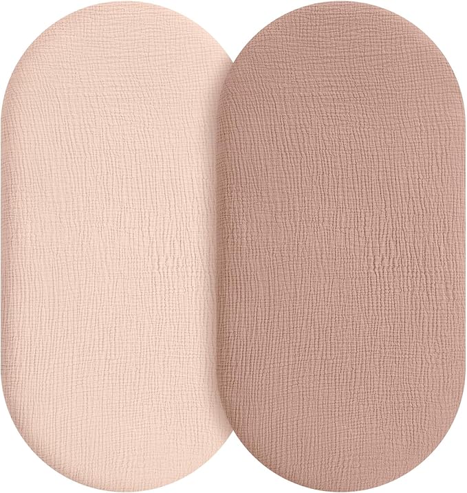 Muslin Bassinet Sheets Boy Girl, 100% Cotton Fitted Bassinet Sheet Set 2 Pack Bassinet Mattress Sheets Universal Fit for Rectangle, Round, Oval, Hourglass Mattress, Soft Breathable