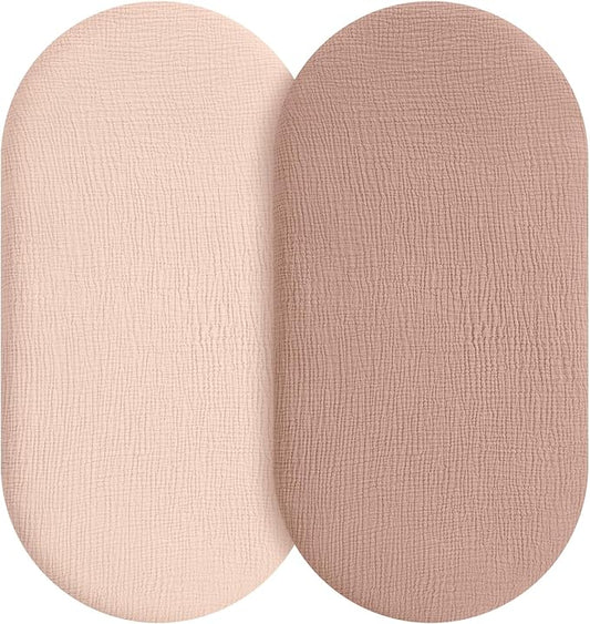 Muslin Bassinet Sheets Boy Girl, 100% Cotton Fitted Bassinet Sheet Set 2 Pack Bassinet Mattress Sheets Universal Fit for Rectangle, Round, Oval, Hourglass Mattress, Soft Breathable