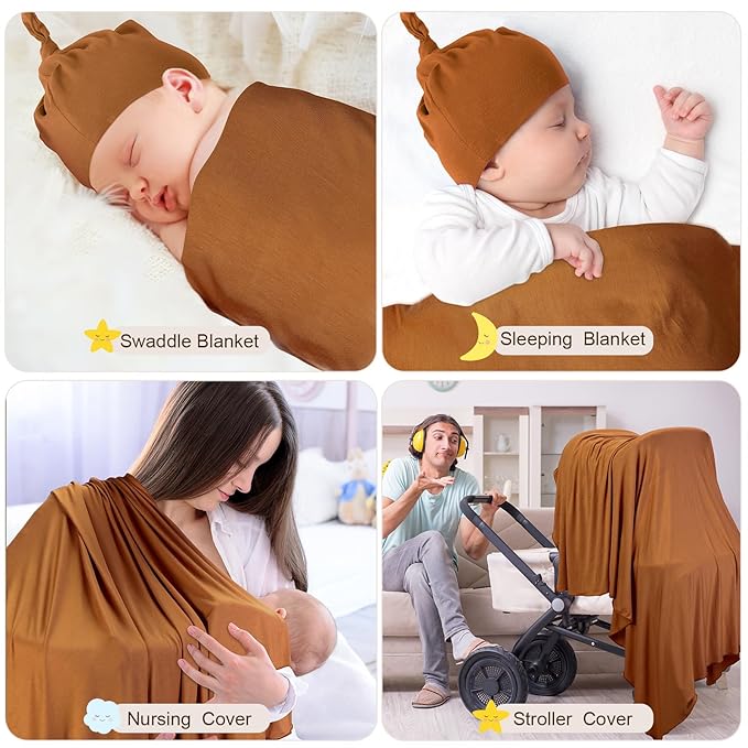 JaGely 2 Pcs Stretchy Baby Swaddle Blankets Set Extra Soft 47" x 47" Baby Newborn Swaddle Blanket and Hat(Navy Blue, Claybank)