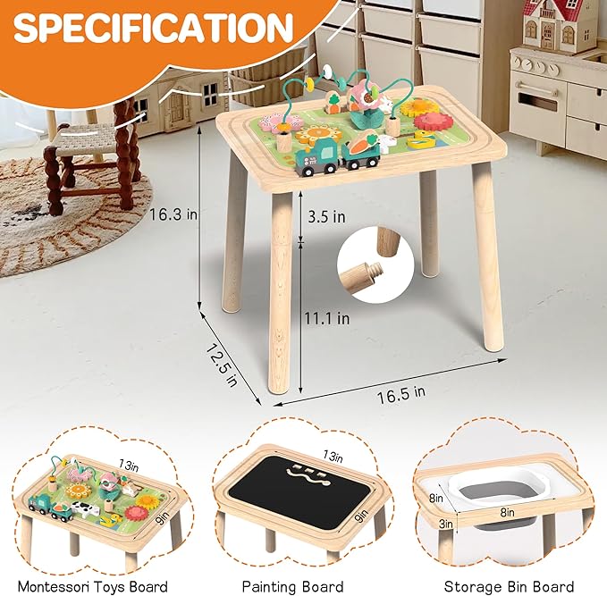 Activity Table for Kids 6-36 Months, 9 in 1 Wooden Montessori Toys with Bead Maze Shape Sorter Train Toy, Baby Sensory Table Toddler Toys 1st Birthday Gifts for Kids