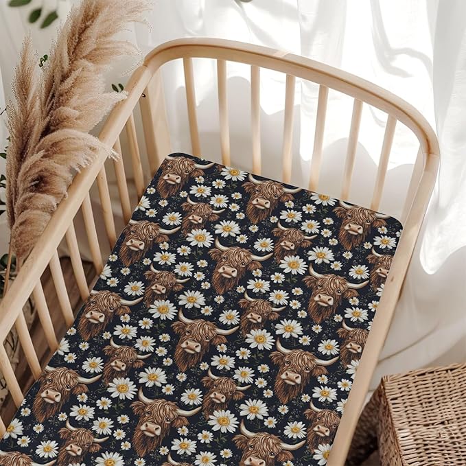 Vintage Highland Cows Daisy Baby Crib Sheets for Boy Girl 52x28Inch Retro Highland Yak Boho Floral Soft Stretchy Fitted Crib Mattress Cover Farm Baby Sheet for Standard Crib and Toddler Bed Mattress