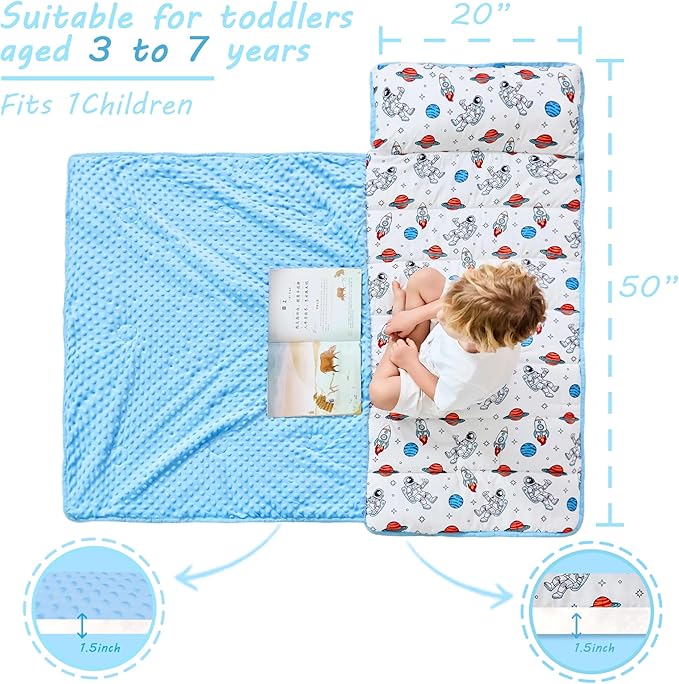 Toddler Nap Mat with Pillow and Blanket, Extra Large Rolled Napping Mats,Slumber Bags for Boys Girls,Kids Sleeping Bag for Daycare, Preschool Travel Camping
