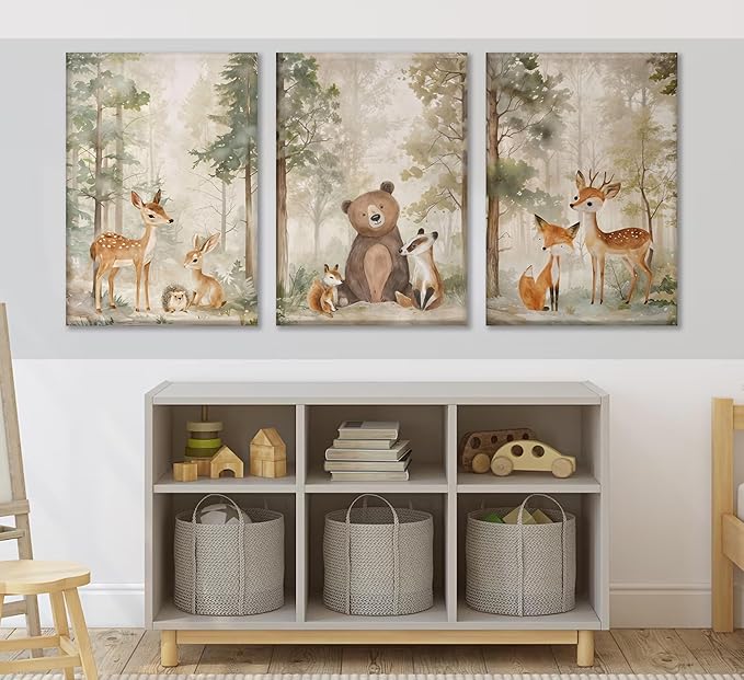 MIZILI 3Pcs Woodland Animal Nursery Canvas wall art Wild Animals Forest Paintings Pictures Wall Decor Fox Bear Deer Watercolor Poster Printing Artwork for Boys Room Girls Room Home Decoration
