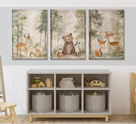 MIZILI 3Pcs Woodland Animal Nursery Canvas wall art Wild Animals Forest Paintings Pictures Wall Decor Fox Bear Deer Watercolor Poster Printing Artwork for Boys Room Girls Room Home Decoration